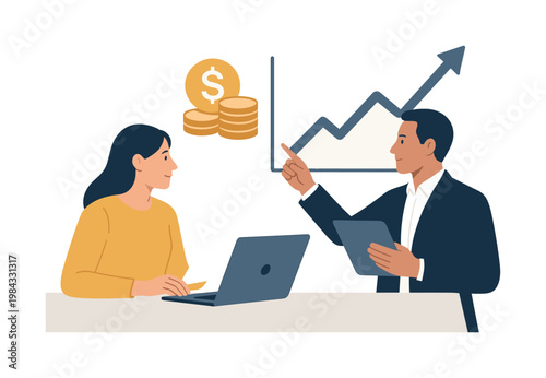 Investment and financial growth theme where individuals monitor and manage assets to achieve long-term economic goals in a modern context, represented by a minimal set of