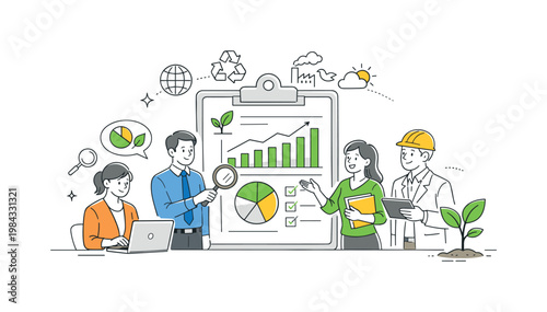 Environmental impact assessment and reporting in a corporate or public sector setting, depicted by a clipboard with a graph and a simple plant as the main elements,