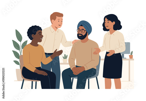 A workplace inclusion scenario where colleagues support diversity and create a respectful environment, reflecting modern values, equality, and collaborative culture, a