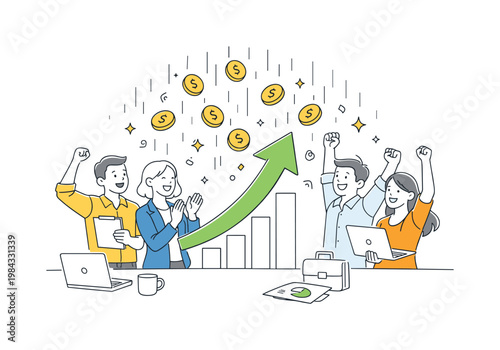 Team celebrating business success and increased revenue after achieving financial goals in a professional environment, represented through a metaphor of a light rain of