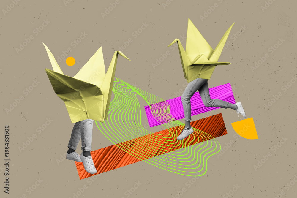 Fototapeta premium Creative drawing full image collage picture of origami bird crane friends couple walk meeting asian traditional folded paper