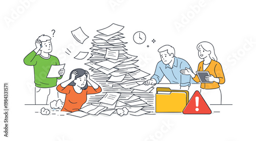 Process inefficiency and document management challenges in a business workflow where disorganized paperwork slows productivity and creates confusion, illustrated by a