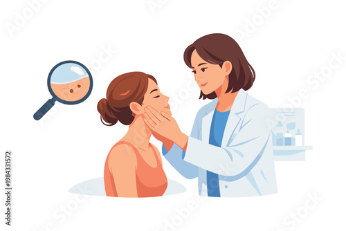 A healthcare professional examining skin health in a clinical setting, represented by a dermatologist gently observing a patients face with a simple magnifying glass