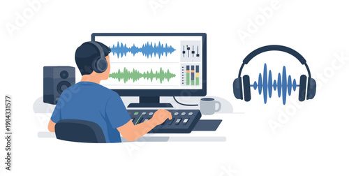 A digital audio editing scene where a professional works with sound tracks in a studio environment, analyzing and adjusting audio for clarity and quality, representing