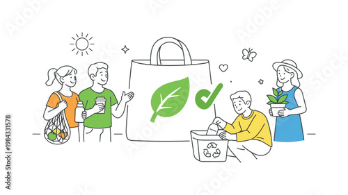 A green lifestyle and conscious consumerism concept where people make mindful choices to support environmental sustainability, depicted through a simple scene with a