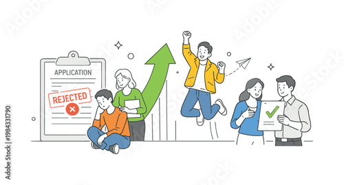 Personal growth and perseverance in a career development context where individuals learn from rejection and continue improving their opportunities, illustrated by a