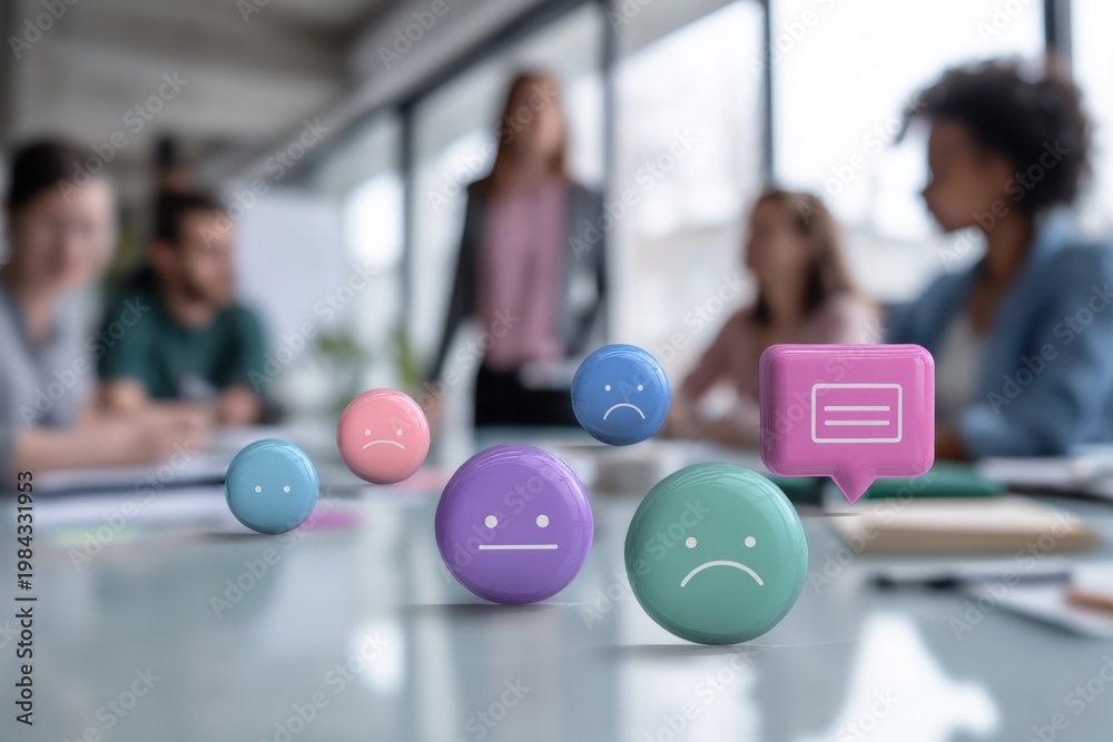 Fototapeta premium Business team evaluating customer feedback and emotional sentiment during a meeting with colorful emoji icons