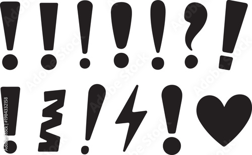 Diverse collection of black silhouette punctuation marks and symbols expressing emotion and urgency