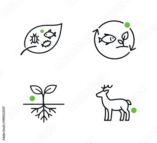 Ecosystem and living environment concept highlighting biodiversity natural balance and interaction between organisms in a clean modern vector system, a leaf with small