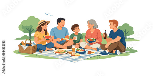 A relaxed outdoor picnic where friends or family gather in a park to share food and spend time together, representing leisure, social bonding, and balanced lifestyle in a
