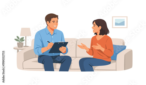 A professional providing a home consultation service, visiting a client in a comfortable living environment to discuss needs and offer personalized advice, representing