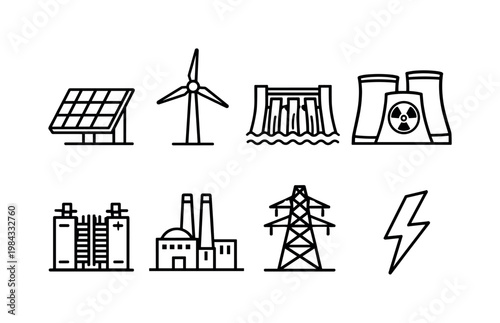 Electric energy sources: solar panel, wind turbine, hydro dam, nuclear plant, fuel cell, power station, transmission tower, lightning bolt.