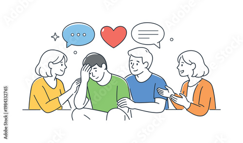 Emotional support and communication in a social or therapeutic context where people share feelings and build understanding together, visualized through two or three