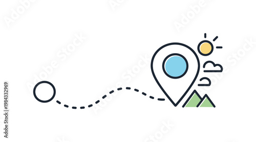 Travel planning and route mapping in everyday mobility, a map marker connected to a simple dotted path line indicating journey and destination, expressing exploration and