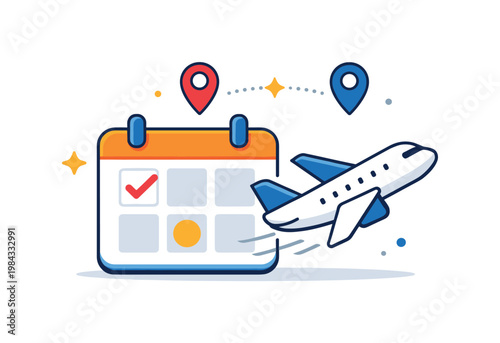 Corporate travel concept emphasizing planning trips and attending meetings in different cities for business growth, a calendar paired with a minimal airplane symbolizing