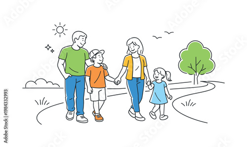 Family walk lifestyle scene showing a small group of family members walking together in a relaxed outdoor environment such as a park or neighborhood path, with a pathway