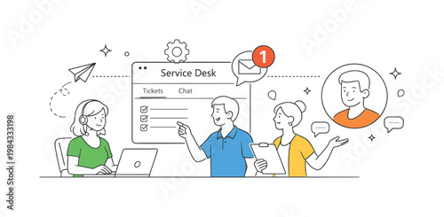 A business operations and customer care concept where organizations provide continuous support and enhance user satisfaction through service channels, depicted through a