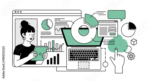 Digital analytics dashboard with data visualization on laptop screen and woman using tablet, concept of business intelligence and reporting