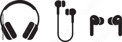 Modern audio listening devices including over ear headphones, wired earbuds, and true wireless earphones