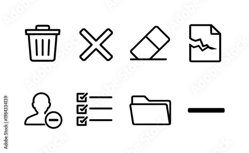 Delete and removal actions: trash bin, delete cross, eraser, broken file, remove user, clear list, empty folder, minus symbol.