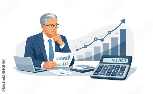 Financial oversight scene where a senior professional evaluates budgets and forecasts to ensure business stability and growth, emphasizing analytical thinking,