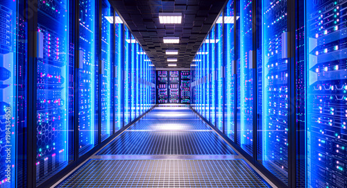 Server racks creating data center corridor 3d