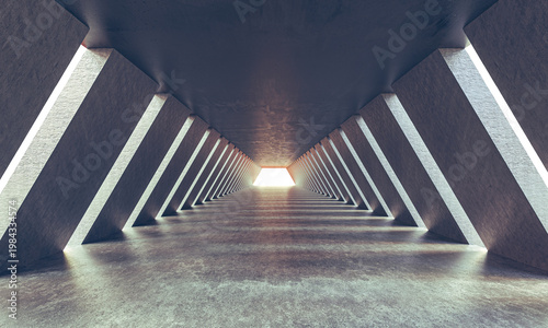 3d Futuristic concrete tunnel with geometric architecture