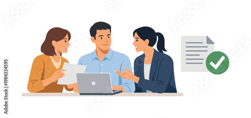 A team aligning reporting requirements during a collaborative compliance discussion, gathered near a laptop while interacting with a simple document and checkmark symbol