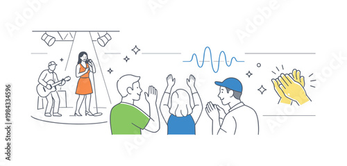 Audience engagement and cultural experience in a live event context where people enjoy and connect through artistic performances, illustrated by a stage with a spotlight