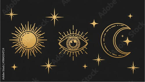 Golden celestial symbols shine on a dark night sky with sun, eye, moon and stars