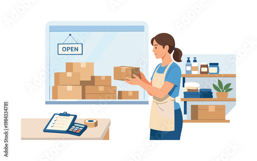 A small business retail scene showing an owner organizing products and preparing the store for customers, reflecting entrepreneurship, daily operations, and attention to