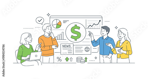 Financial news investment update scenario showing individuals tracking financial performance and reacting to economic changes together, with a dashboard display and a