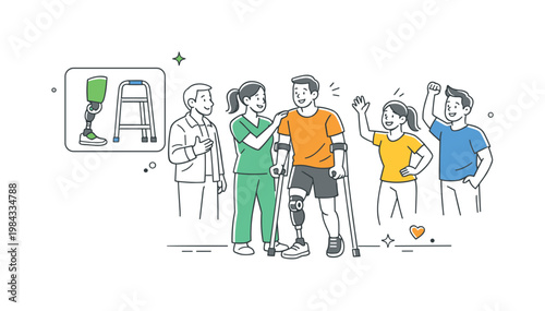 A medical rehabilitation scenario where an individual adapts to a leg prosthesis during recovery and daily life activities, shown through a small group interacting near a