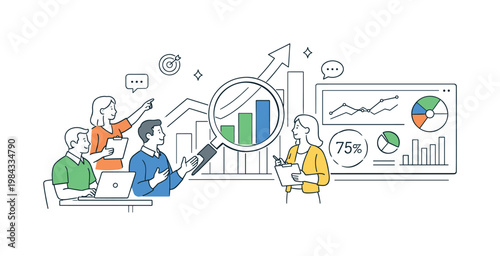 A data-driven business environment where teams analyze campaign performance and customer behavior to improve strategy and outcomes, illustrated through a clean scene