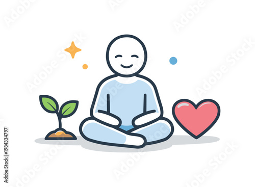 Stress management and recovery process focusing on regaining balance and restoring mental well-being after burnout, a calm human figure sitting next to a small plant and