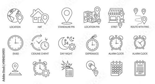Diverse vector line icon pack for location tracking, time management, scheduling, and notifications. Clean, modern graphic assets for digital design projects