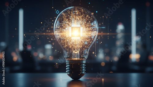 Illuminating Innovation: An innovative concept is visualized as a radiant light bulb. It symbolizes the power of ingenuity, ideas, and technological advancement.