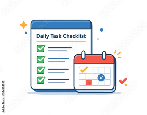 Daily task checklist emphasizing personal organization and efficient routine management, a simple list with checkmarks combined with a small calendar icon representing