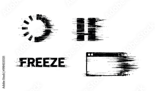 Digital process freeze and unresponsive state theme, a set of 3 glitch-distorted monochrome objects placed on a perfectly clean white background, each object exhibiting