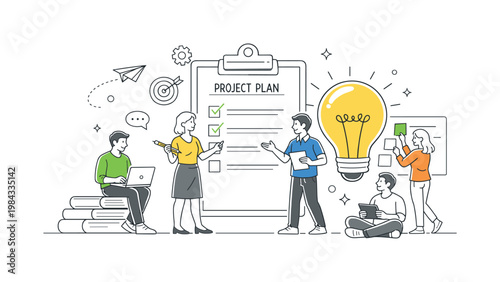 Project proposal planning and preparation process where individuals organize ideas and structure a plan, depicted by a clipboard with a checklist and a light bulb as the