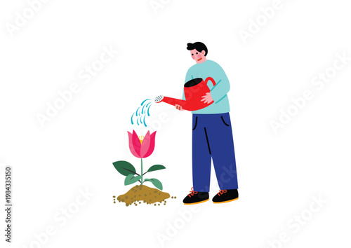 花に水やりをする男性のイラスト