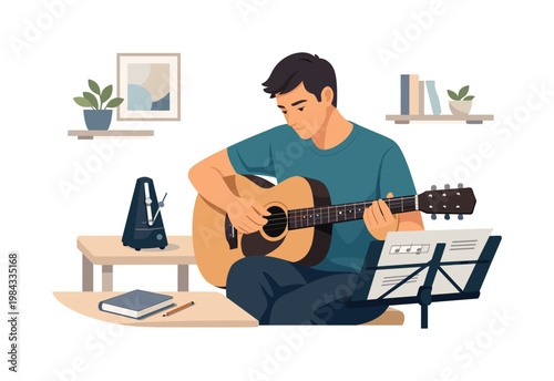 A focused individual practicing music at home, sitting in a calm workspace dedicated to skill improvement and daily discipline, showing consistent effort and personal