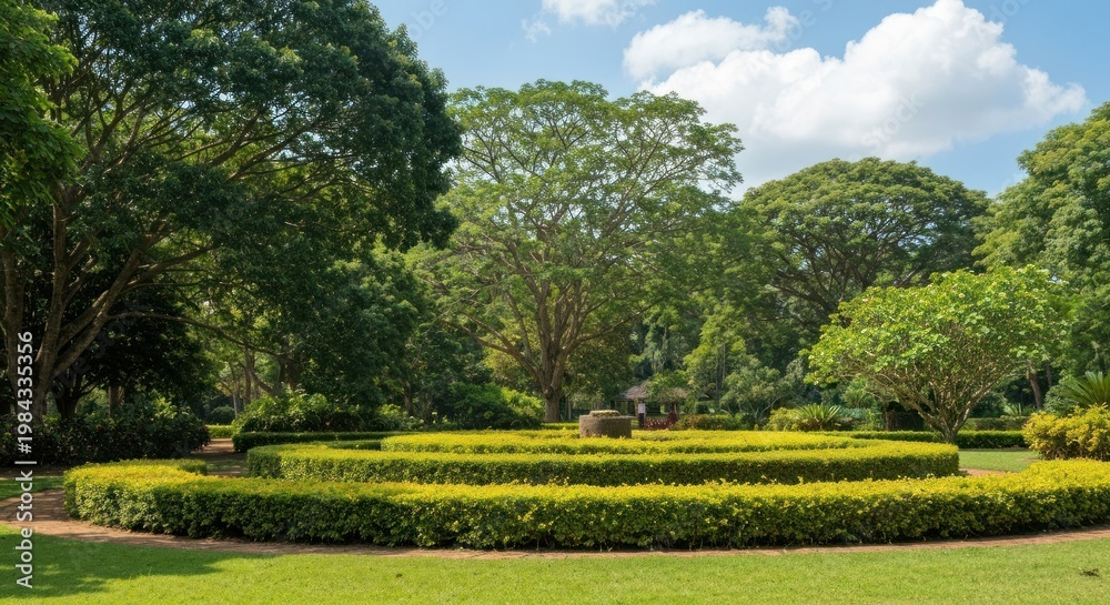 Obraz premium Lush green garden with neatly trimmed hedges and trees