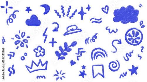Blue Hand-Drawn Doodle Collection: Transparent Background Featuring Stars, Moon, Crown, Flowers, Cloud, and Abstract Shapes for Creative Design Elements