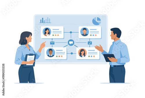 Customer management scene where a team organizes contacts and monitors client activity to improve service and retention, emphasizing workflow efficiency, collaboration,