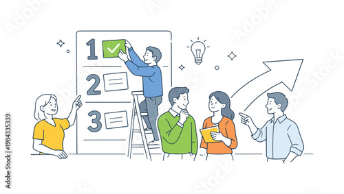 A priority alignment and decision clarity scene showing a small team organizing tasks around a large numbered list and a directional arrow, using a clear visual metaphor