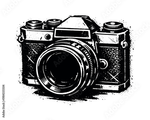 A vintage camera with exposed lens and mechanical details shown in a three-quarter frontal view, enlarged to dominate the frame as a compact structured object on a clean