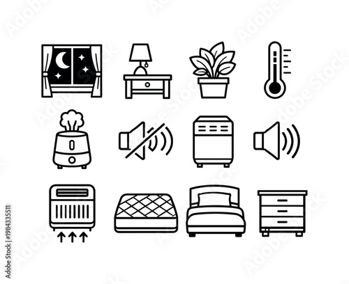 Bedroom environment: bedroom interior, window with moon, curtains, bedside table, lamp light, plant decor, temperature thermometer, humidifier, noise control, air