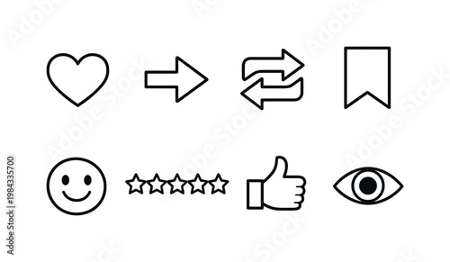 Social media engagement: heart like, share arrow, repost arrows, bookmark flag, emoji smile, star rating, thumbs up, eye view symbol.