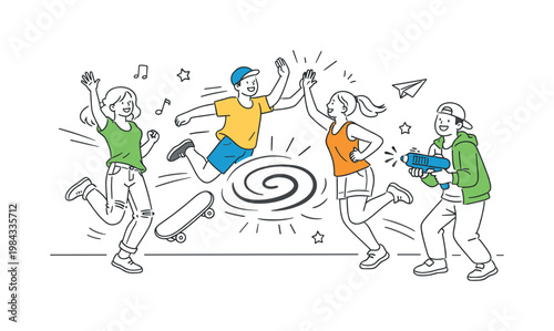 A playful chaos scenario where a group of people engage in spontaneous, energetic activities in a lively setting, shown through a small group interacting near a simple